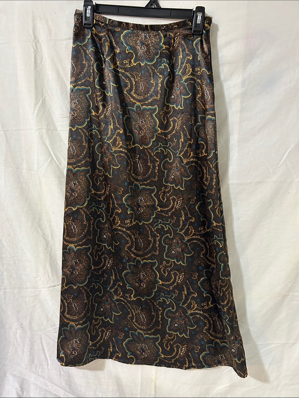 Vintage Kathie Lee Collection Paisley Maxi Skirt Black Brown Teal Gold Sz L